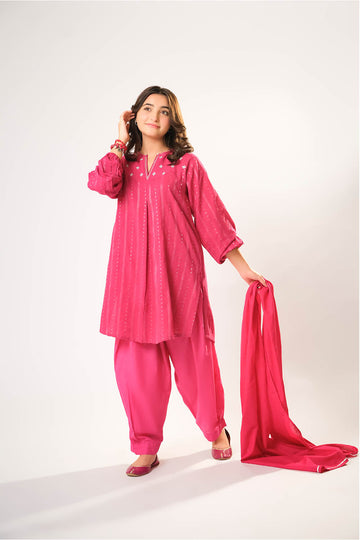 Girls winter clothes | S.Pink & Sliver | Casual 3 Piece Suit  | Cotton Karandi Dobby  | GAD-03213